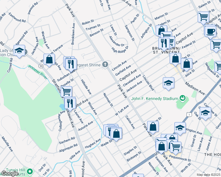 map of restaurants, bars, coffee shops, grocery stores, and more near 1365 Capitol Avenue in Bridgeport
