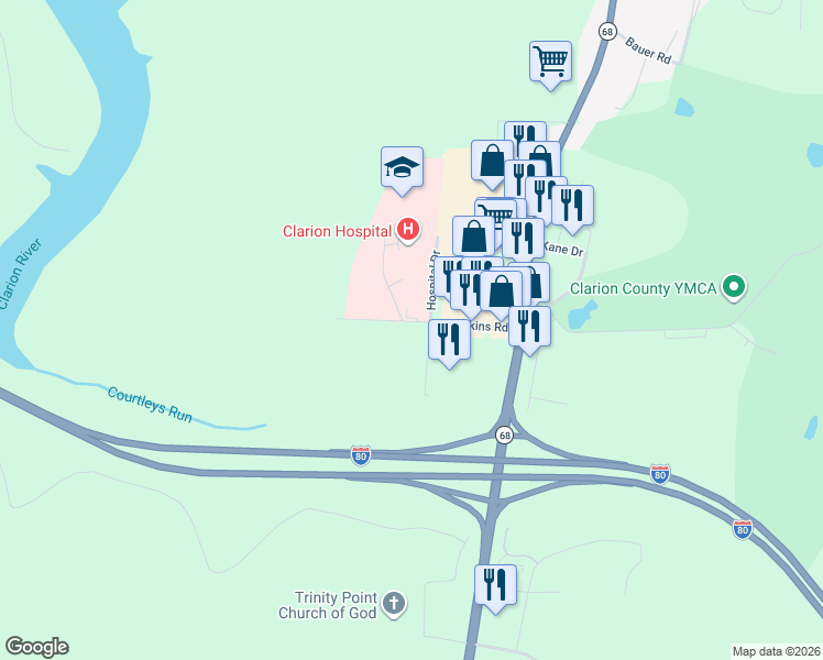 map of restaurants, bars, coffee shops, grocery stores, and more near 187-241 Perkins Rd in Clarion