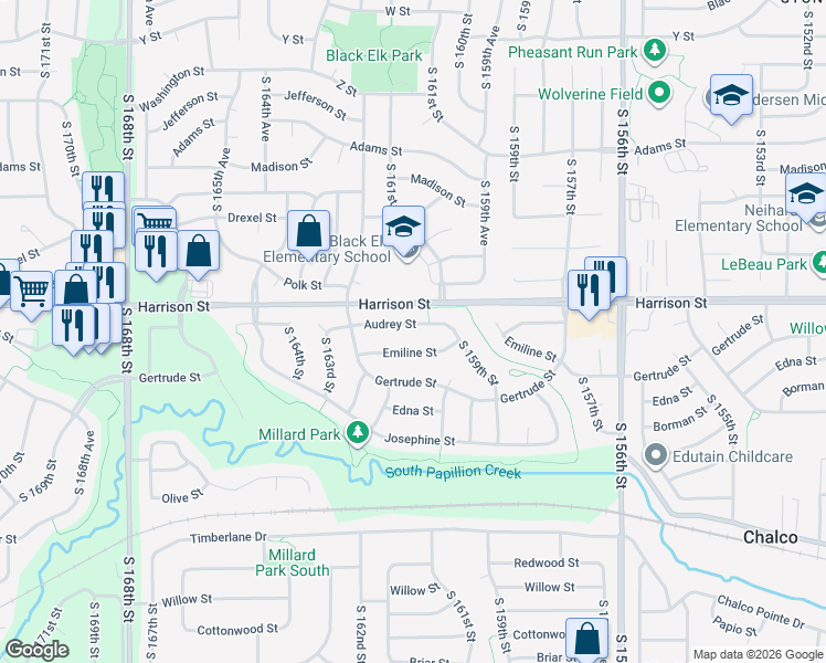map of restaurants, bars, coffee shops, grocery stores, and more near 16021 Audrey Street in Omaha