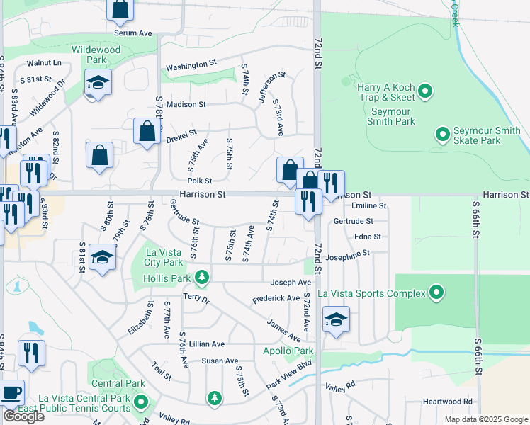 map of restaurants, bars, coffee shops, grocery stores, and more near 6930 South 74th Street in La Vista