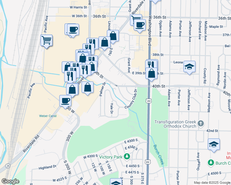 map of restaurants, bars, coffee shops, grocery stores, and more near 4014 East Burch Creek Place in South Ogden