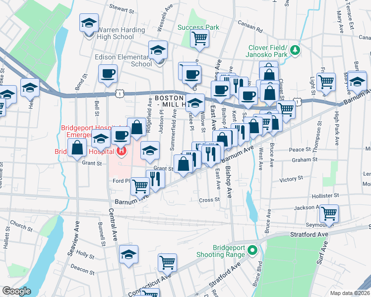 map of restaurants, bars, coffee shops, grocery stores, and more near 146 Prince Street in Bridgeport