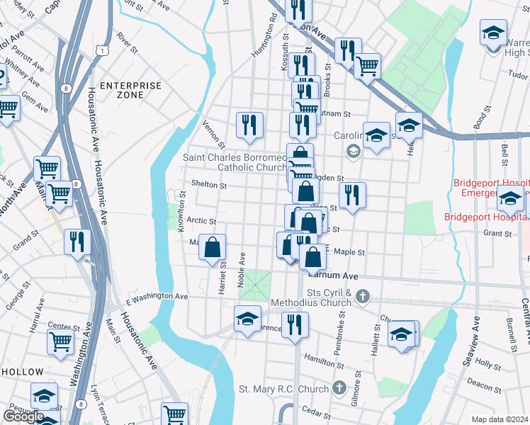 map of restaurants, bars, coffee shops, grocery stores, and more near 189 Park Street in Bridgeport