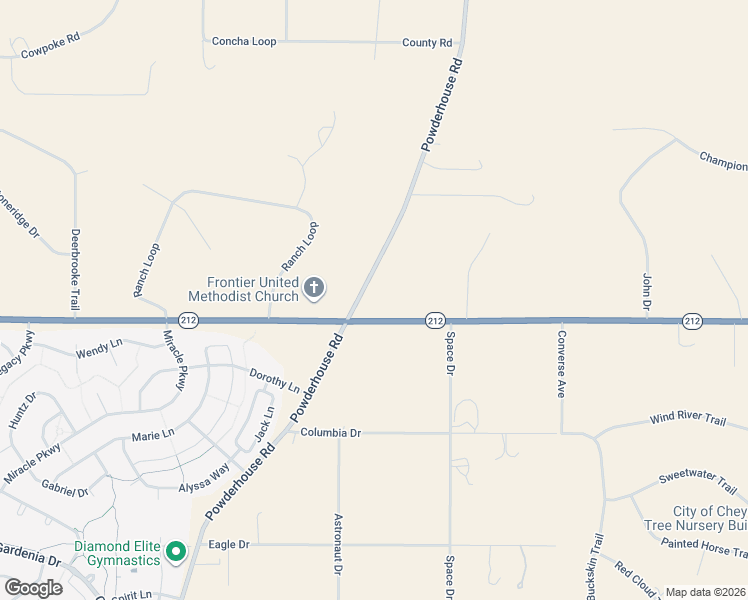 map of restaurants, bars, coffee shops, grocery stores, and more near 7715 Powderhouse Road in Cheyenne