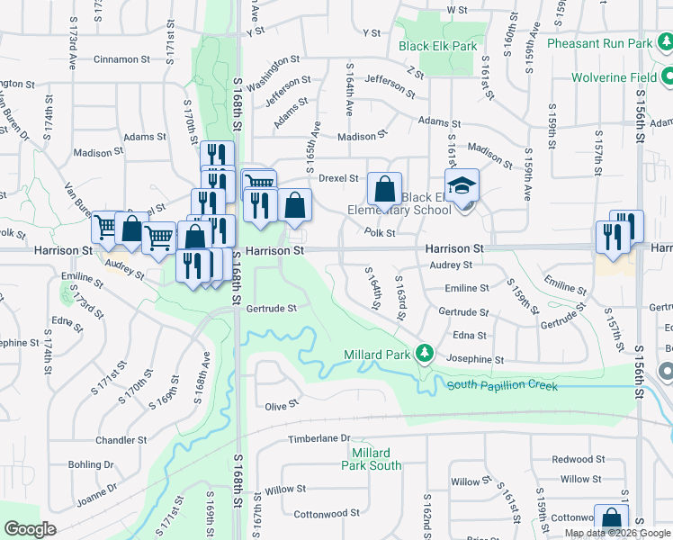 map of restaurants, bars, coffee shops, grocery stores, and more near 6908 South 164th Avenue in Omaha