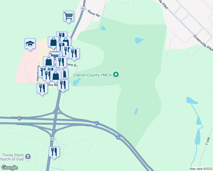 map of restaurants, bars, coffee shops, grocery stores, and more near 379 Mayfield Road in Clarion