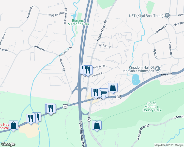 map of restaurants, bars, coffee shops, grocery stores, and more near 3 Charles Lane in Pomona