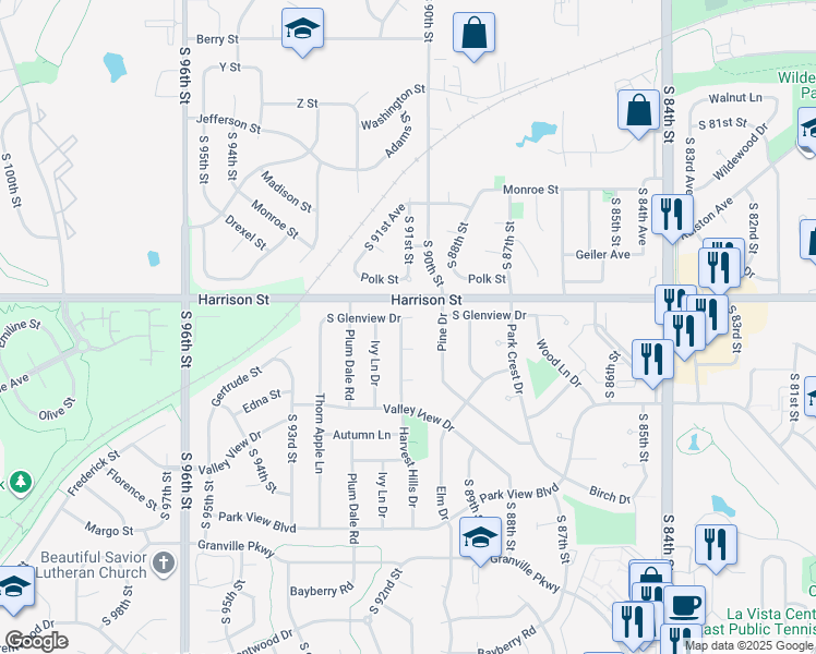 map of restaurants, bars, coffee shops, grocery stores, and more near 9107 South Glenview Drive in La Vista