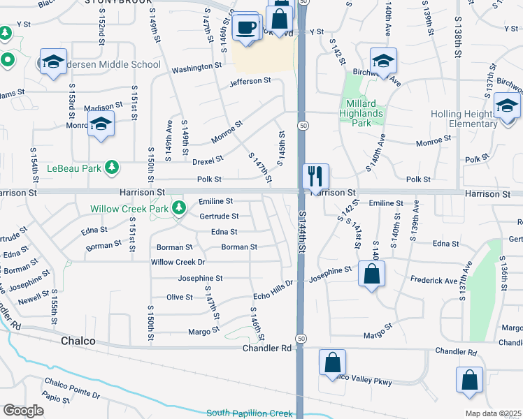 map of restaurants, bars, coffee shops, grocery stores, and more near 7008 South 145th Street in Omaha