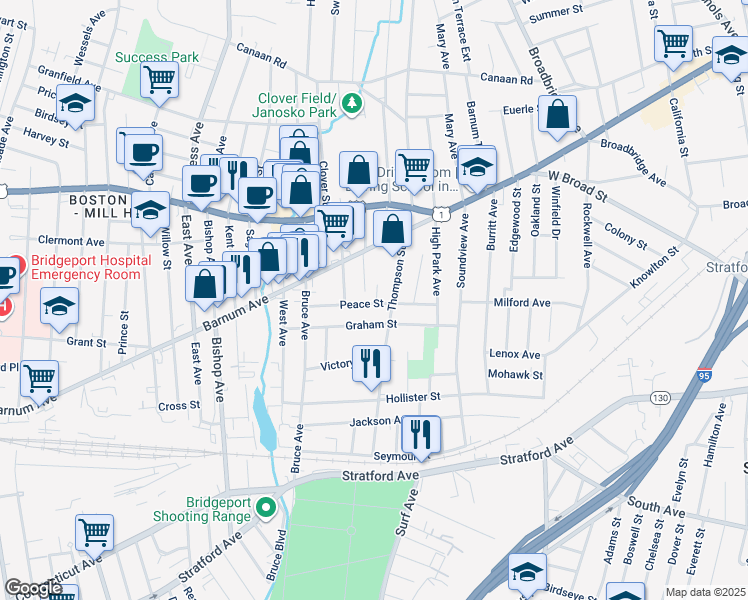 map of restaurants, bars, coffee shops, grocery stores, and more near 42 Peace Street in Stratford