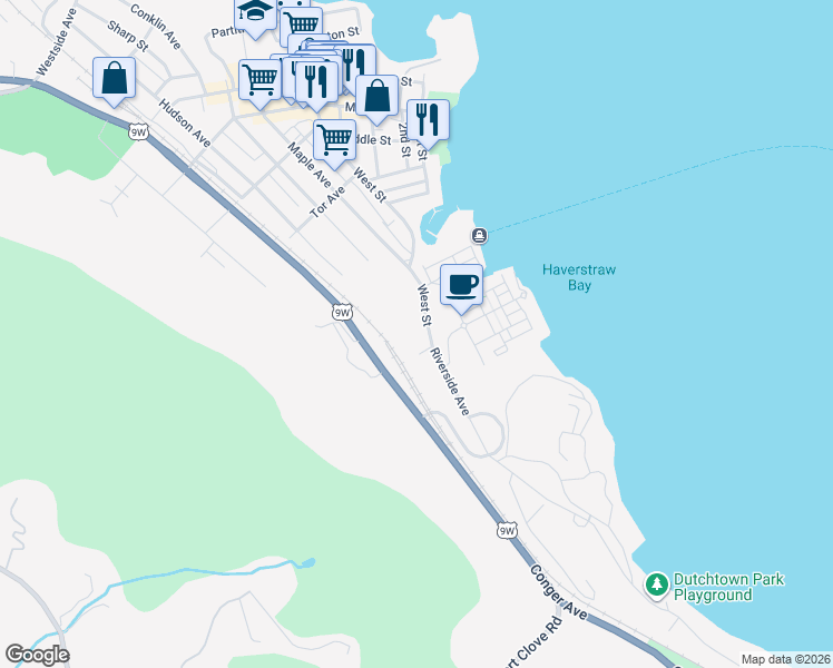 map of restaurants, bars, coffee shops, grocery stores, and more near 204 West Street in Haverstraw