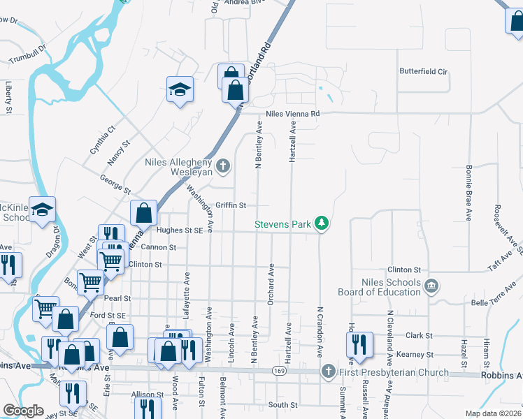 map of restaurants, bars, coffee shops, grocery stores, and more near 737 North Bentley Avenue in Niles