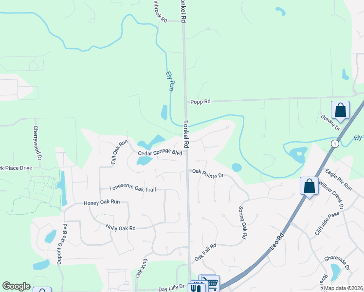 map of restaurants, bars, coffee shops, grocery stores, and more near 11400-11498 Tonkel Road in Fort Wayne