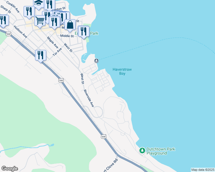 map of restaurants, bars, coffee shops, grocery stores, and more near Southernly Pointe in Haverstraw