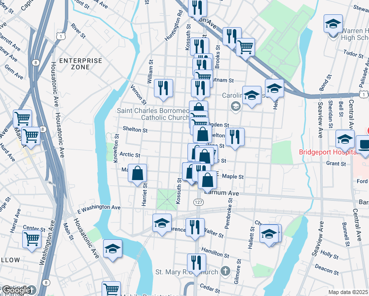 map of restaurants, bars, coffee shops, grocery stores, and more near 844 Kossuth Street in Bridgeport