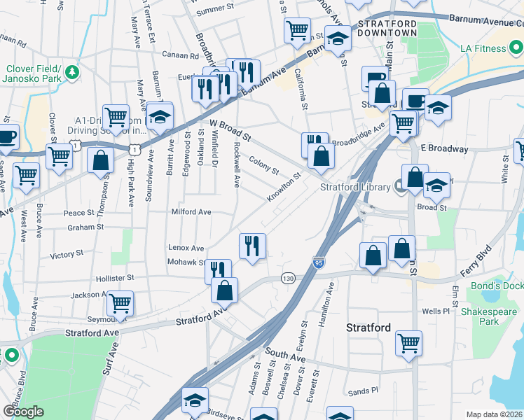map of restaurants, bars, coffee shops, grocery stores, and more near 311 Knowlton Street in Stratford