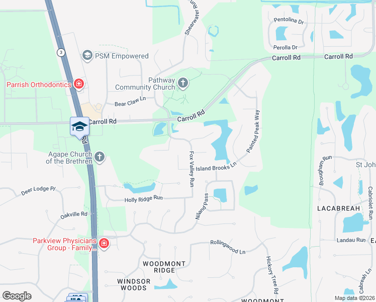 map of restaurants, bars, coffee shops, grocery stores, and more near 11623 Fox Valley Run in Fort Wayne