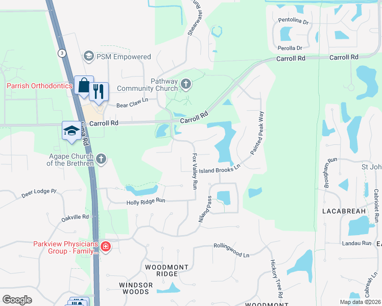 map of restaurants, bars, coffee shops, grocery stores, and more near 11623 Fox Valley Run in Fort Wayne