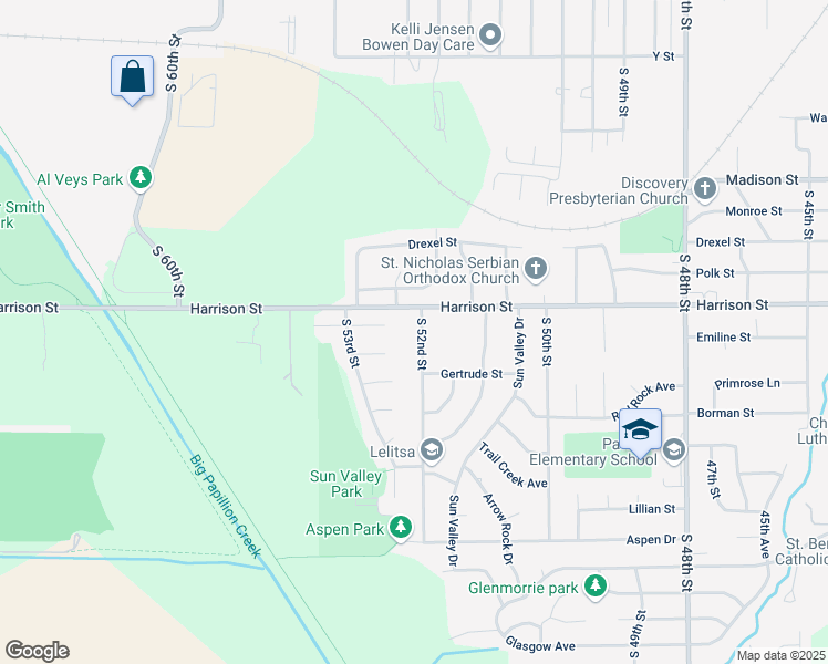map of restaurants, bars, coffee shops, grocery stores, and more near 6914 South 52nd Street in Omaha