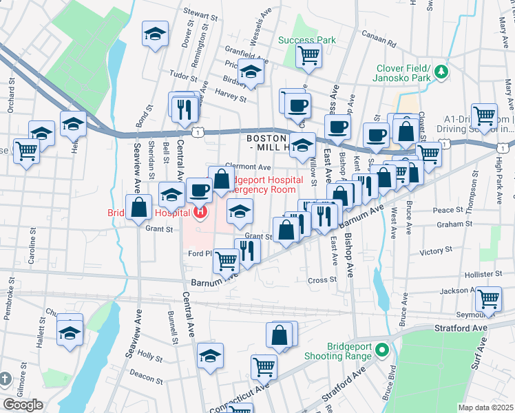map of restaurants, bars, coffee shops, grocery stores, and more near 94 Judson Place in Bridgeport