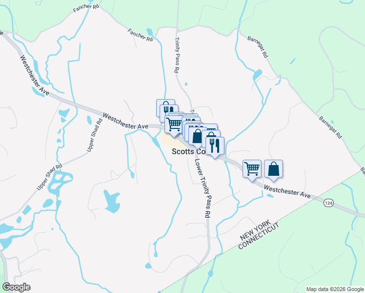 map of restaurants, bars, coffee shops, grocery stores, and more near 74 Westchester Avenue in Pound Ridge