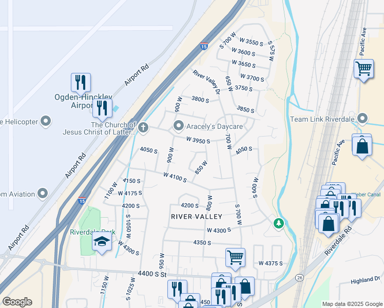 map of restaurants, bars, coffee shops, grocery stores, and more near 4015 Meadow Wood Drive in Ogden