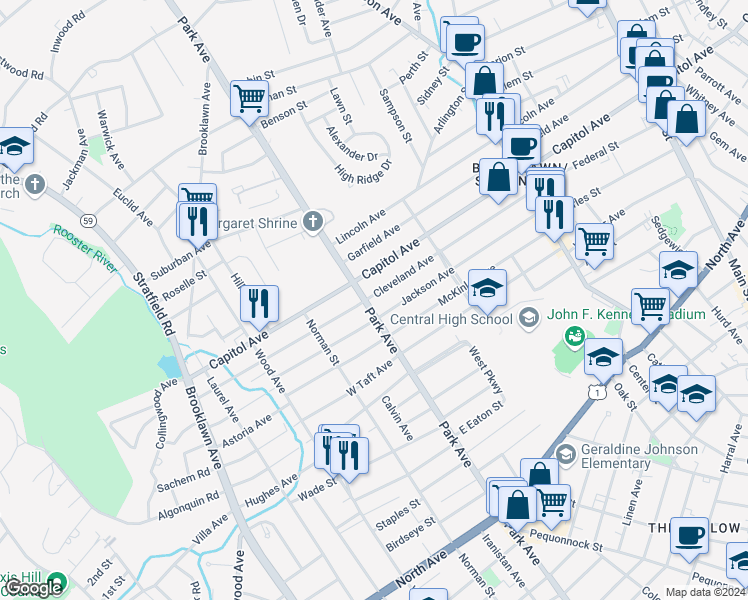 map of restaurants, bars, coffee shops, grocery stores, and more near 2318 Park Avenue in Bridgeport