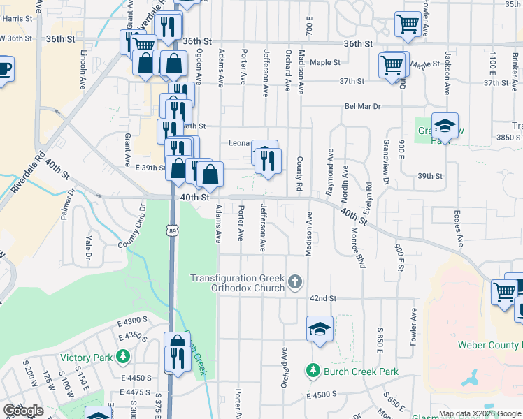 map of restaurants, bars, coffee shops, grocery stores, and more near in South Ogden