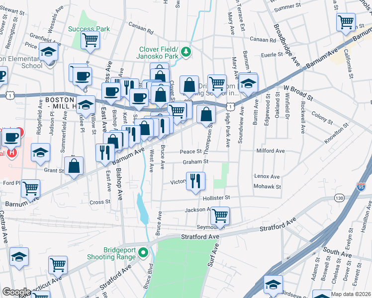 map of restaurants, bars, coffee shops, grocery stores, and more near 226 Peace Street in Stratford