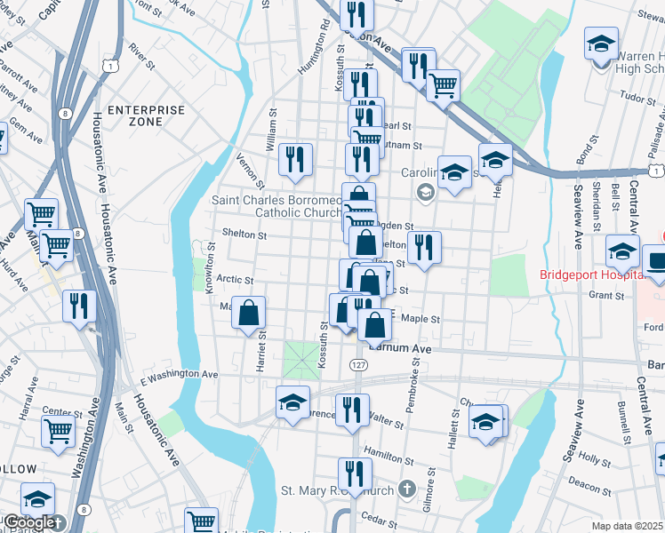 map of restaurants, bars, coffee shops, grocery stores, and more near 844 Kossuth Street in Bridgeport