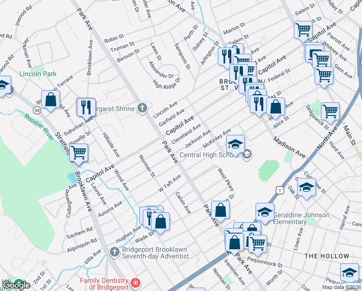 map of restaurants, bars, coffee shops, grocery stores, and more near 2318 Park Avenue in Bridgeport