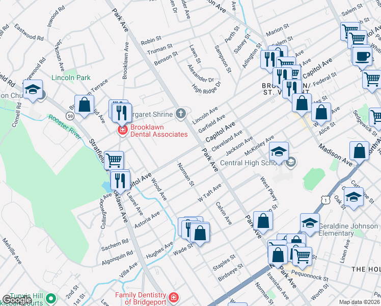 map of restaurants, bars, coffee shops, grocery stores, and more near 1365 Capitol Avenue in Bridgeport