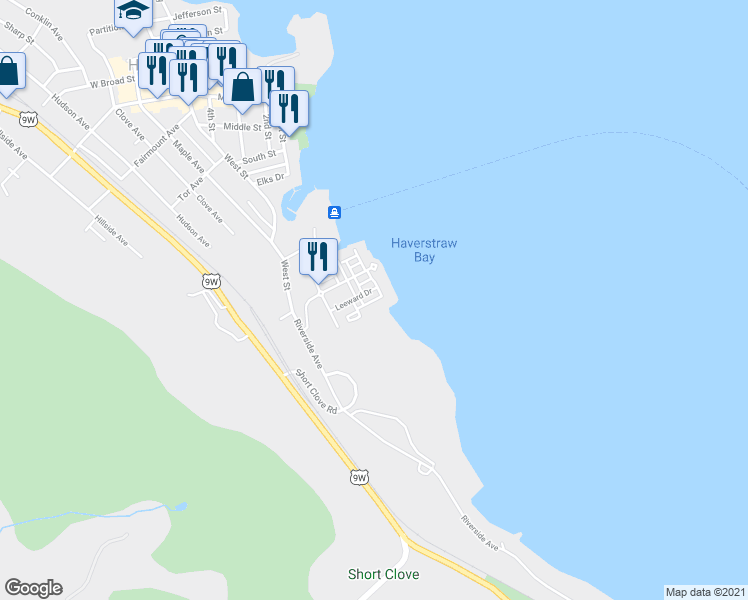map of restaurants, bars, coffee shops, grocery stores, and more near 56 Riverfront Lane in Haverstraw