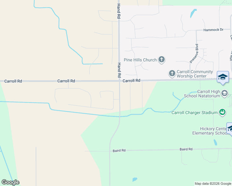 map of restaurants, bars, coffee shops, grocery stores, and more near 11501-11899 Hand Road in Fort Wayne