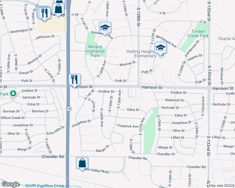 map of restaurants, bars, coffee shops, grocery stores, and more near 7002 South 139th Avenue in Omaha