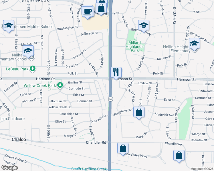 map of restaurants, bars, coffee shops, grocery stores, and more near 14455 Harrison Street in Omaha