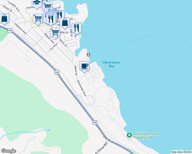 map of restaurants, bars, coffee shops, grocery stores, and more near 25 Leeward Drive in Haverstraw