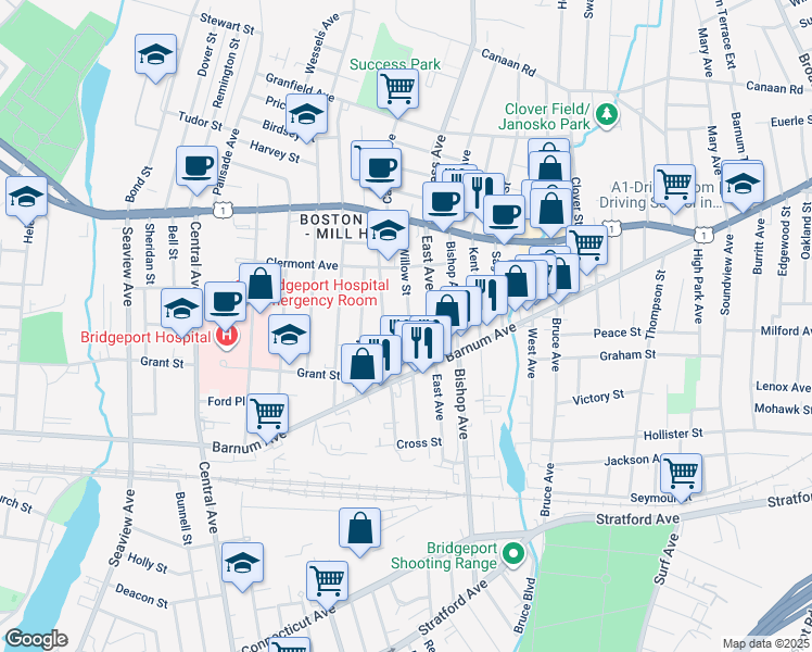 map of restaurants, bars, coffee shops, grocery stores, and more near 259 Willow Street in Bridgeport
