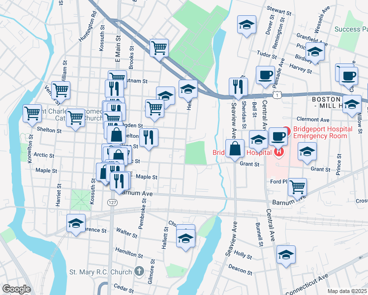 map of restaurants, bars, coffee shops, grocery stores, and more near 265 Helen Street in Bridgeport