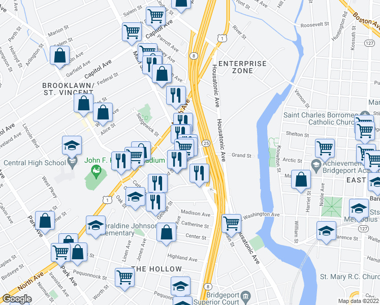 map of restaurants, bars, coffee shops, grocery stores, and more near 1930 Main Street in Bridgeport