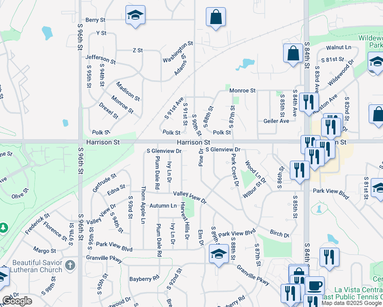 map of restaurants, bars, coffee shops, grocery stores, and more near 9101 South Glenview Drive in La Vista
