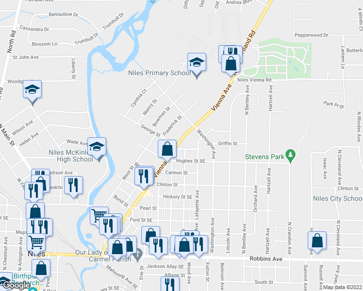 map of restaurants, bars, coffee shops, grocery stores, and more near 811 Vienna Ave in Niles