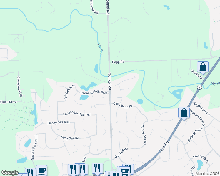map of restaurants, bars, coffee shops, grocery stores, and more near 11400 Tonkel Road in Fort Wayne
