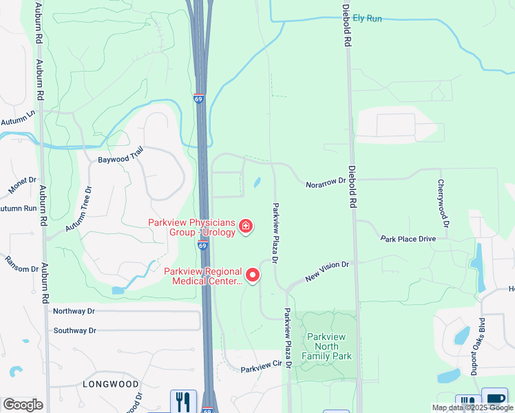 map of restaurants, bars, coffee shops, grocery stores, and more near 11143 Parkview Plaza Drive in Fort Wayne