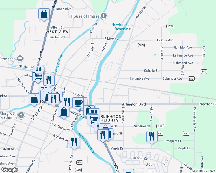 map of restaurants, bars, coffee shops, grocery stores, and more near 239 Riverview Avenue in Newton Falls