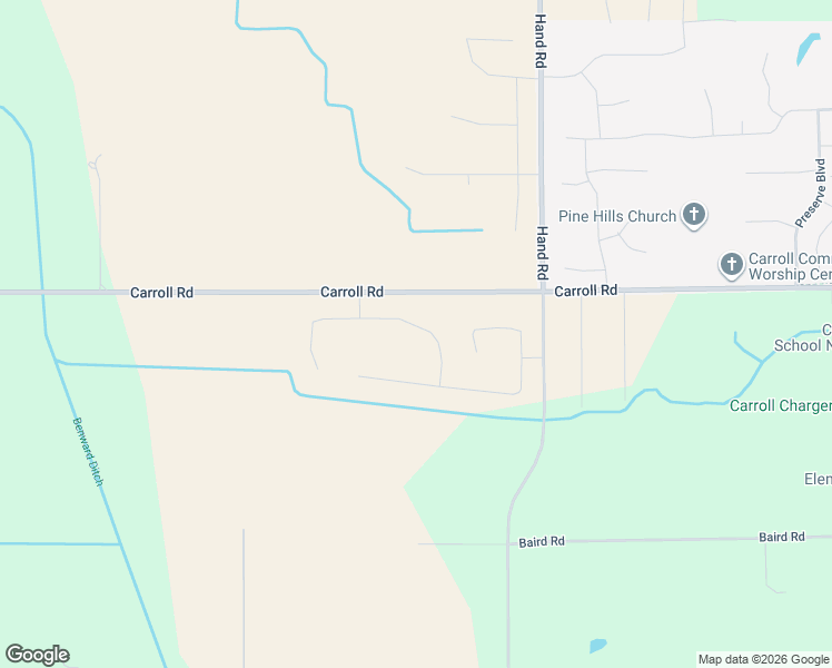 map of restaurants, bars, coffee shops, grocery stores, and more near 5801 Carroll Road in Fort Wayne