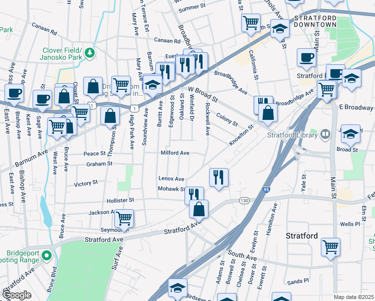 map of restaurants, bars, coffee shops, grocery stores, and more near 190 Milford Avenue in Stratford