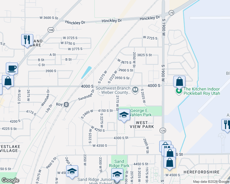 map of restaurants, bars, coffee shops, grocery stores, and more near 4047 2175 West Street in Roy