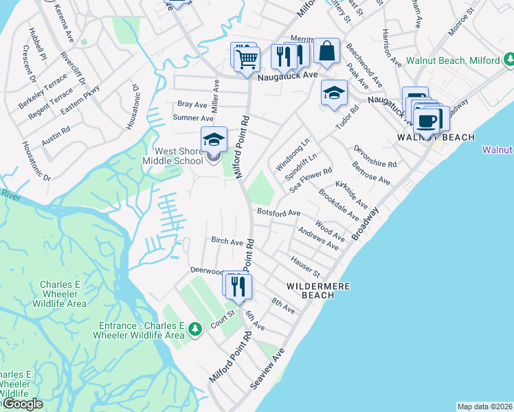 map of restaurants, bars, coffee shops, grocery stores, and more near 161 Botsford Avenue in Milford