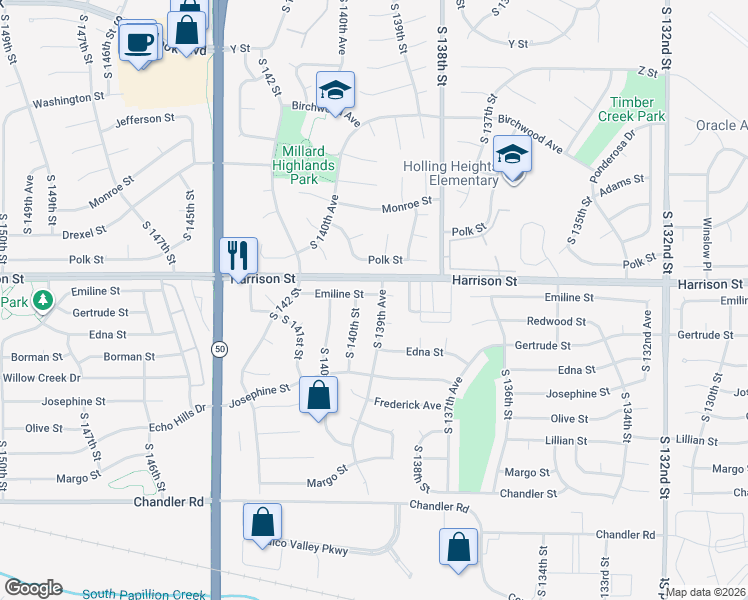 map of restaurants, bars, coffee shops, grocery stores, and more near 7002 South 139th Avenue in Omaha